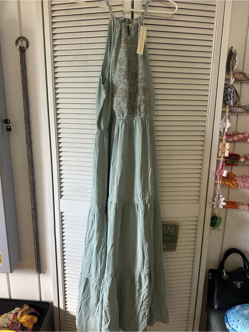 lovestitch Sage Green Embroidered Halter Maxi Dress